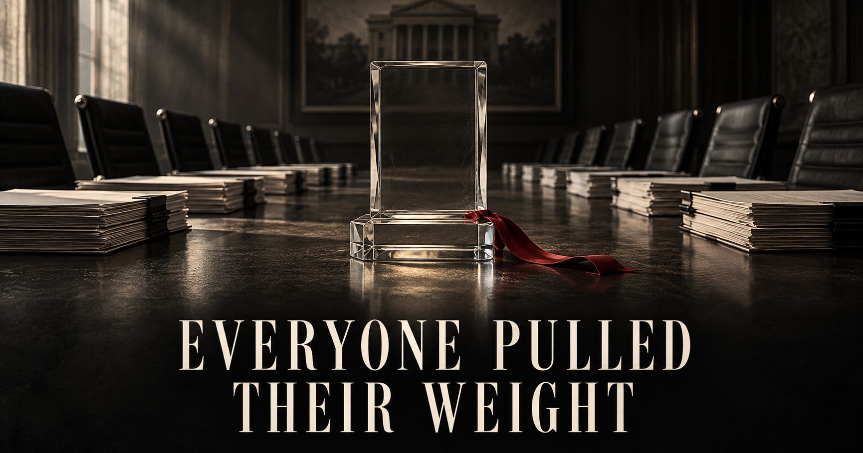 A blank glass employee award on a conference table surrounded by empty chairs and paperwork, with a loose red ribbon. Everyone Pulled Their Weight.