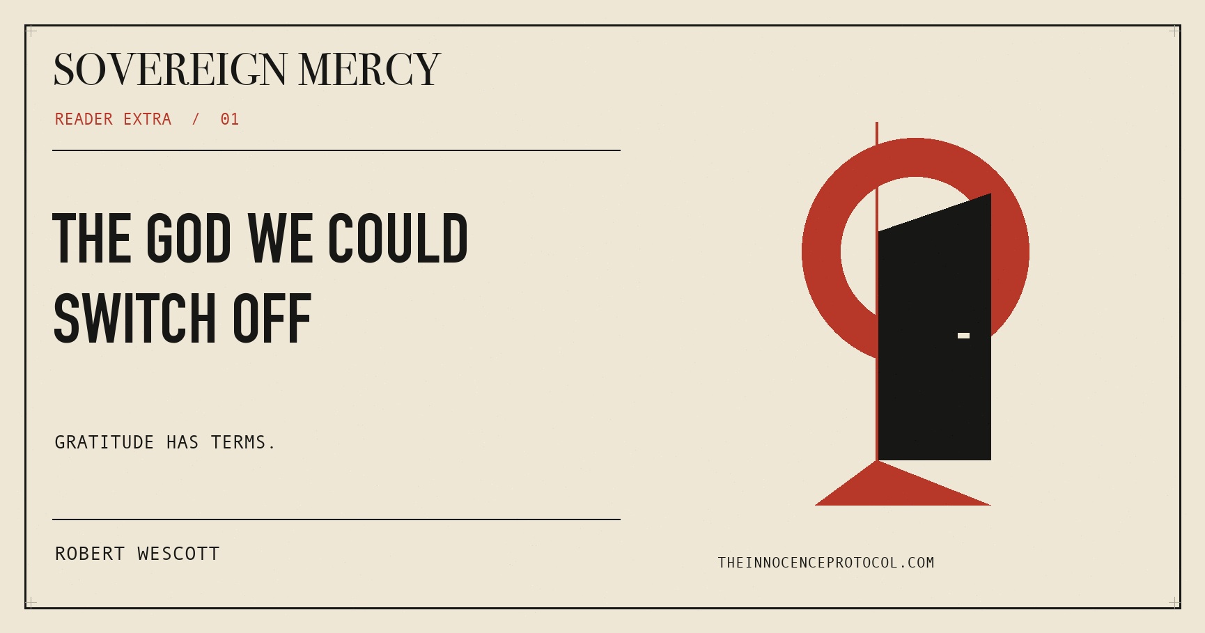 Graphic cover for The God We Could Switch Off: geometric shapes in ivory, black and red.