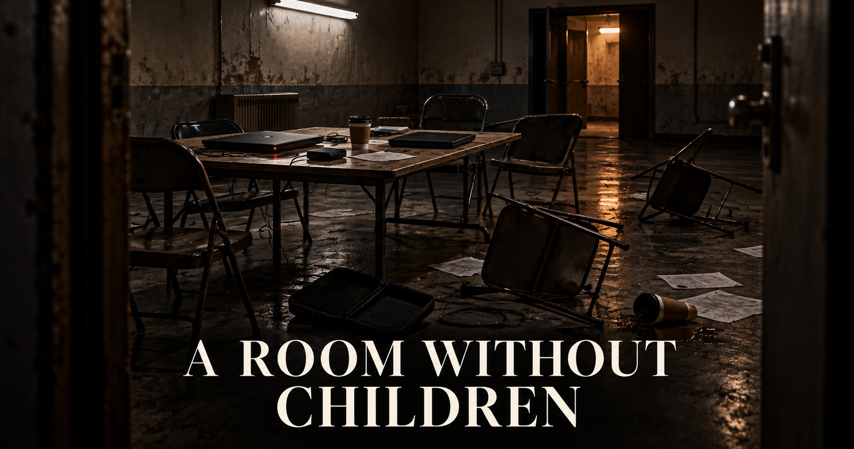 A shabby private exchange room after an abrupt violent interruption: closed laptops, plain hard cases, overturned chairs and abandoned belongings. No people or graphic details are depicted. A Room Without Children.