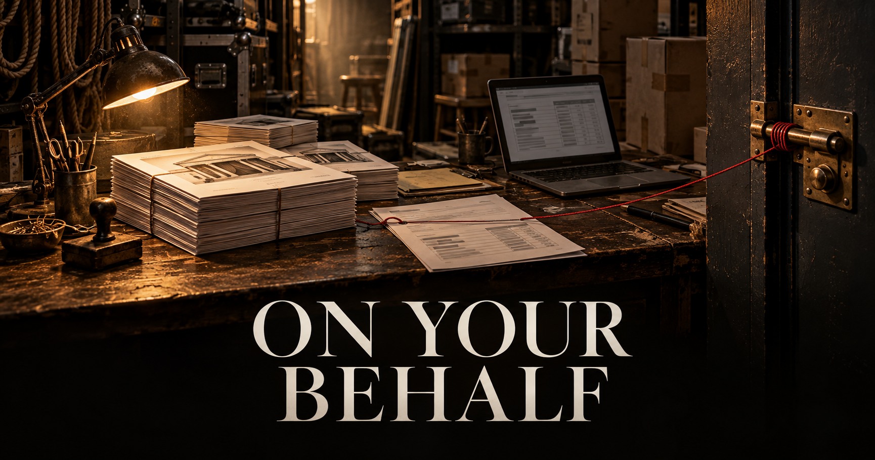 Theatre programs, an invoice and a laptop on a backstage desk; a red cord leads to a brass door latch. On Your Behalf.