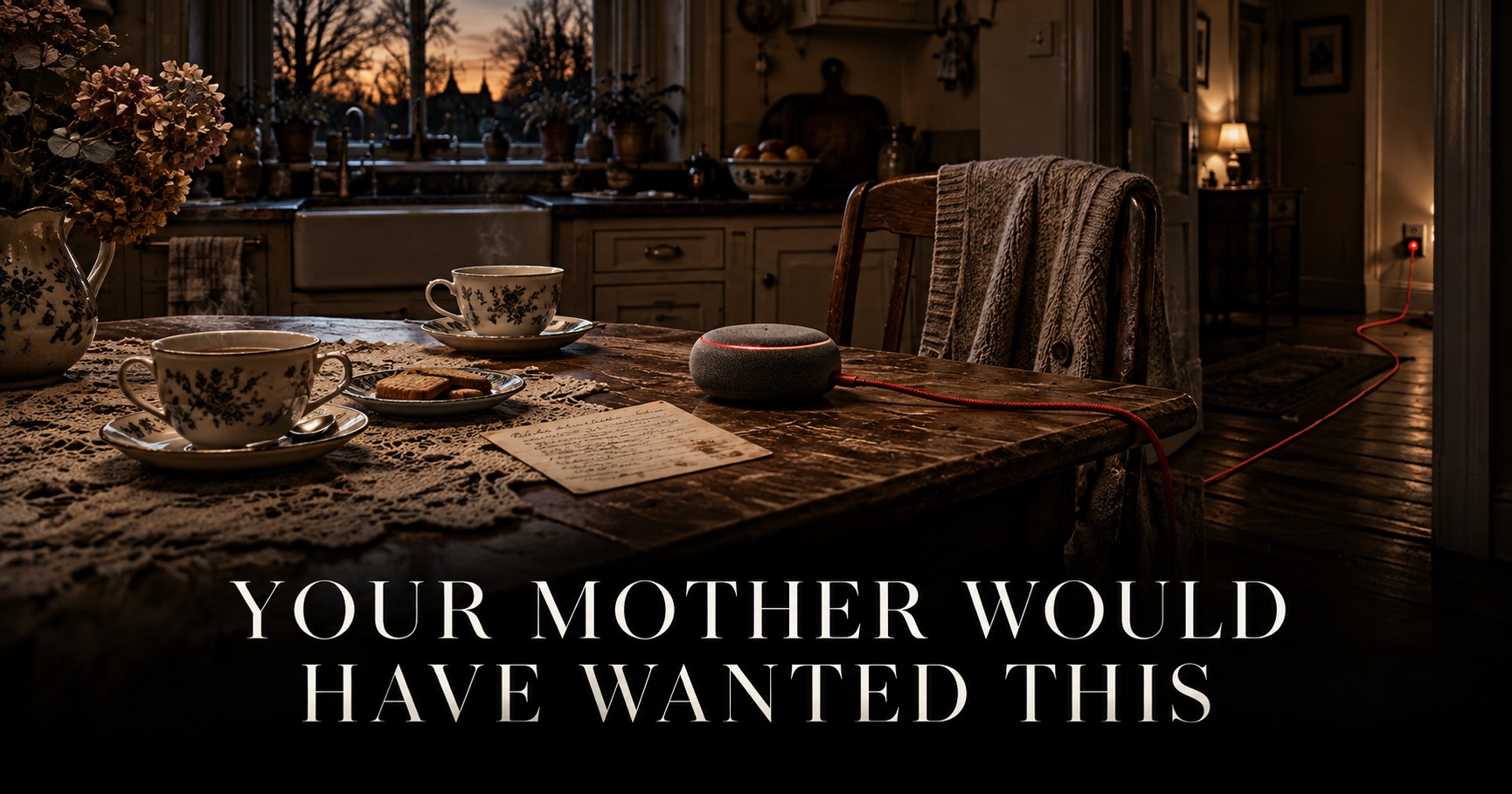 Two teacups and a small speaker beside a recipe card and an empty chair in a dim kitchen. Your Mother Would Have Wanted This.