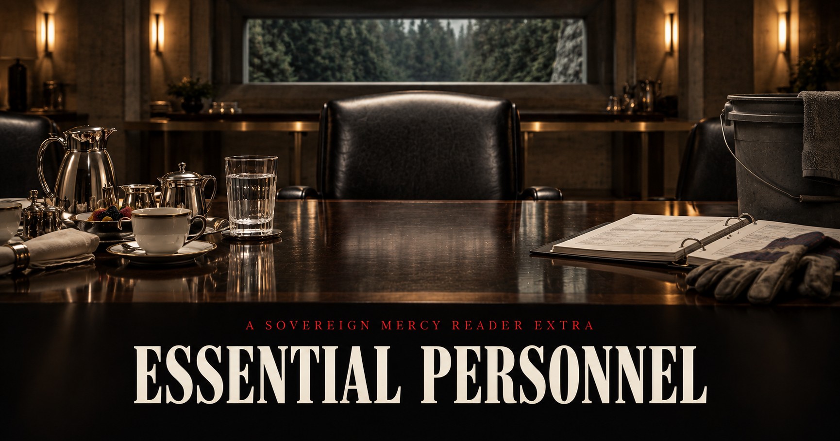 Essential Personnel: an empty chair in a luxury bunker, with breakfast service, a maintenance binder and a utility bucket.