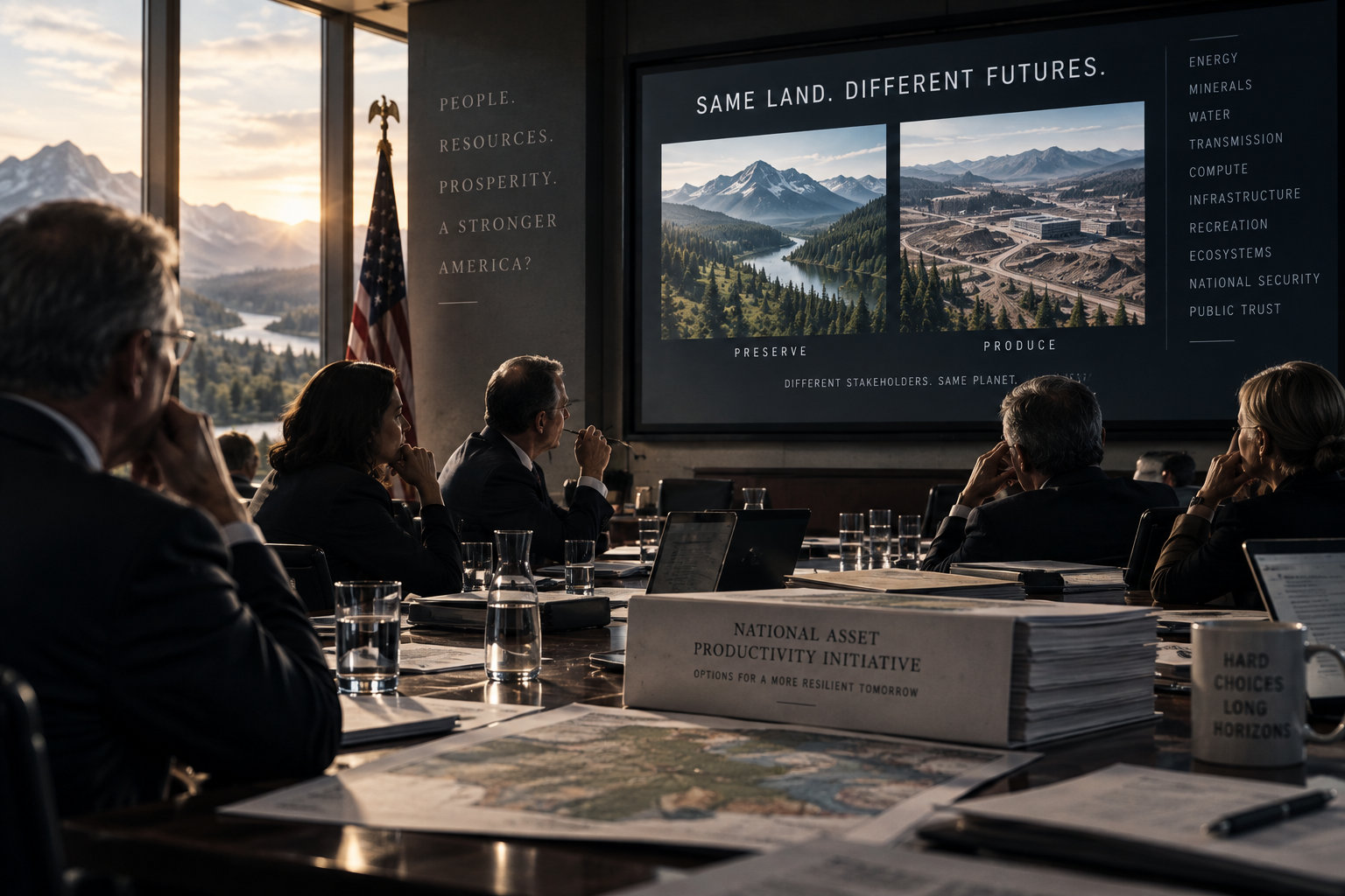 Officials consider public land and resource development in a mountain boardroom, with National Asset Productivity Initiative materials on the table.