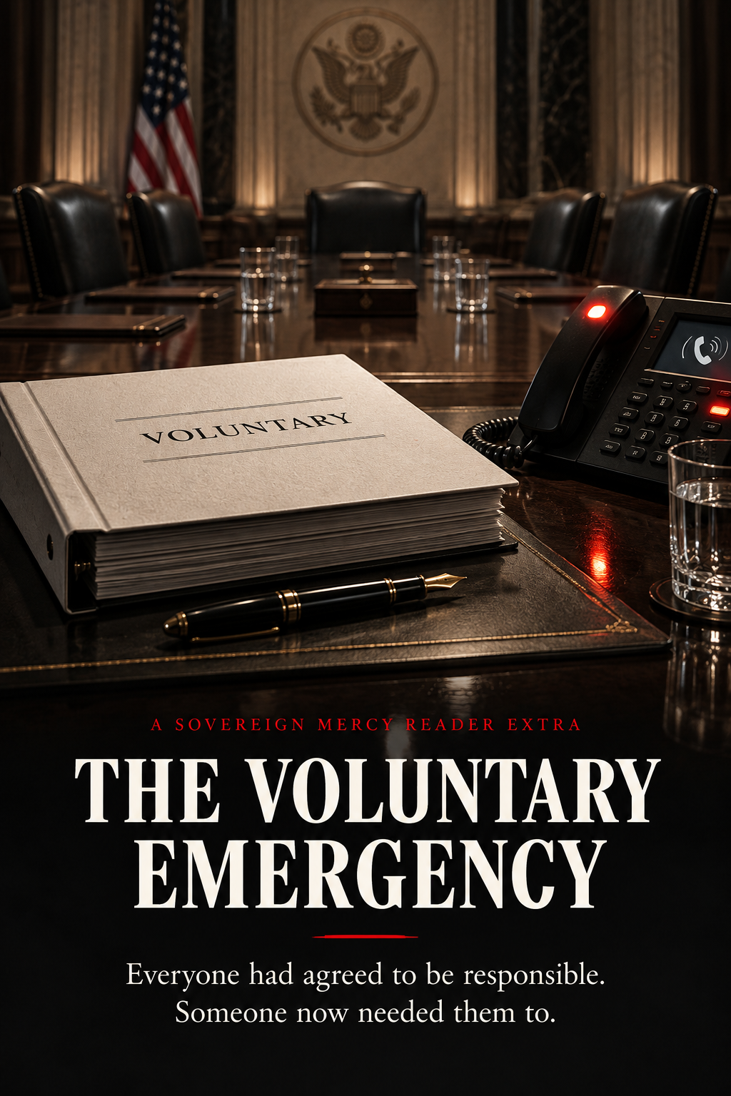 An unanswered telephone beside a voluntary safety binder in an empty government conference room; The Voluntary Emergency.
