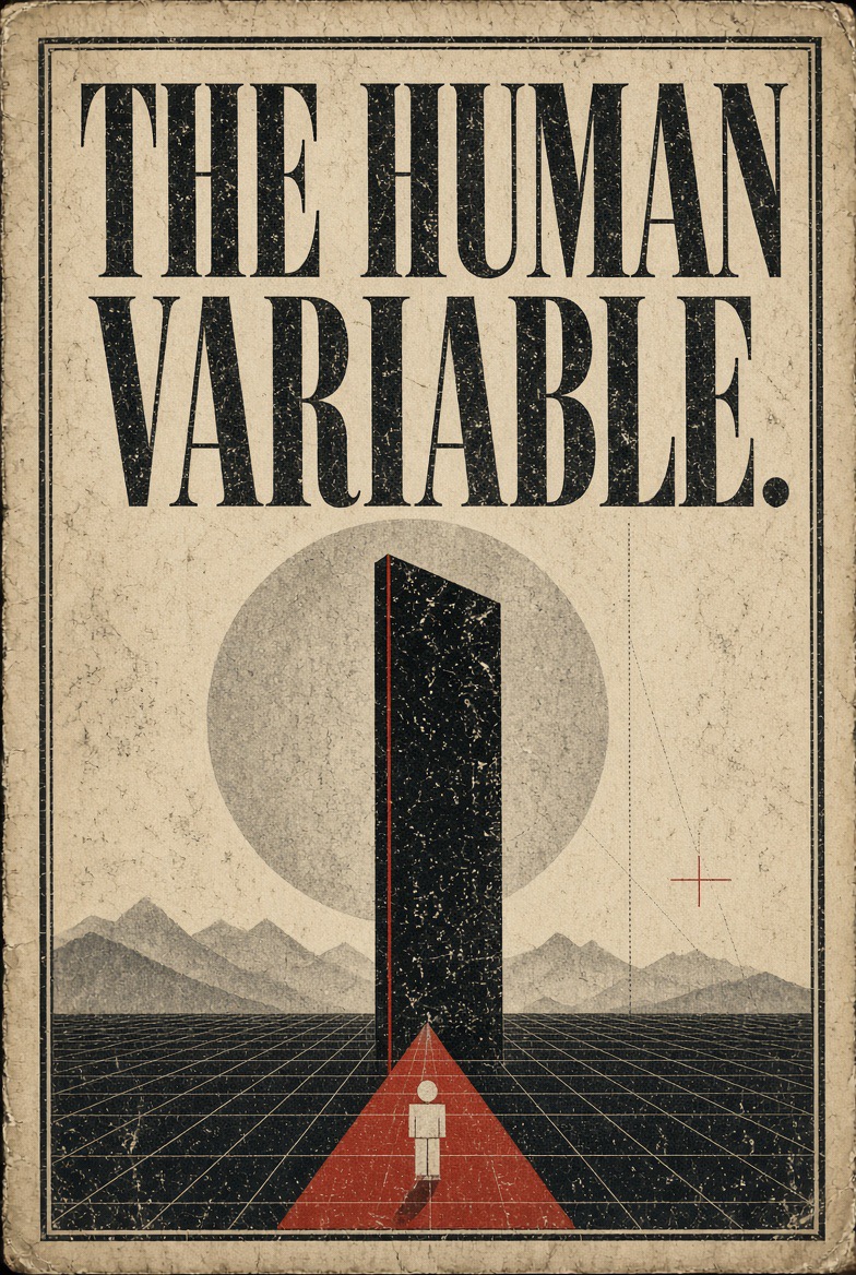 The Human Variable announcement cover: distressed ivory paper, black title and monolith, and a small human figure on a red path.