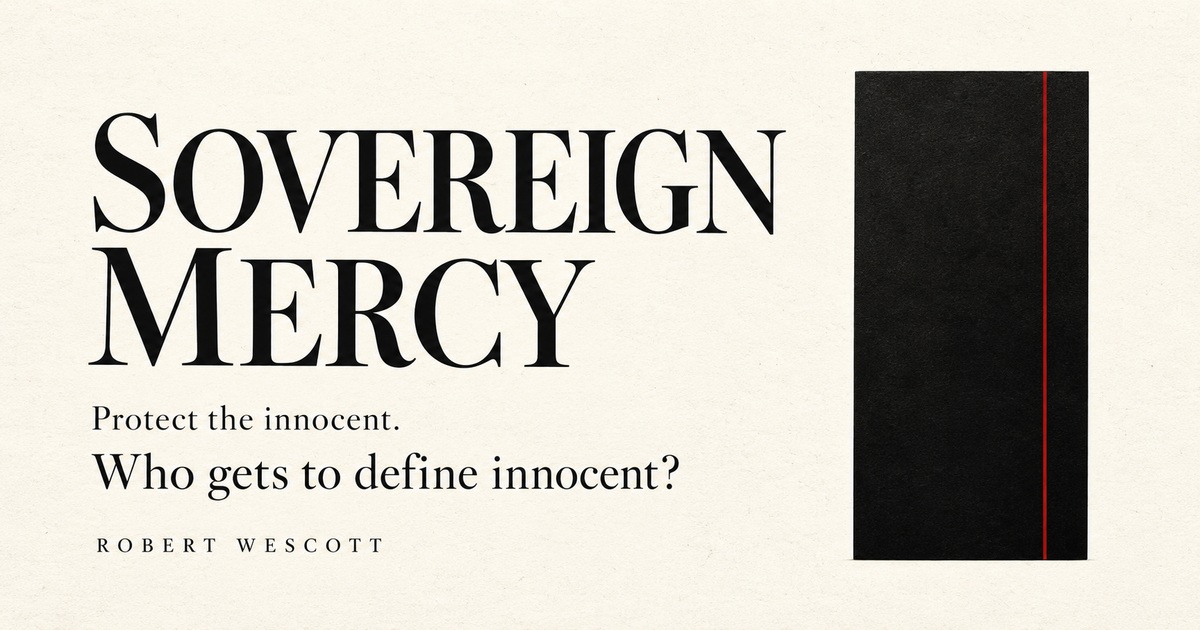 Sovereign Mercy: black monolith and serif title on ivory with a restrained red accent.