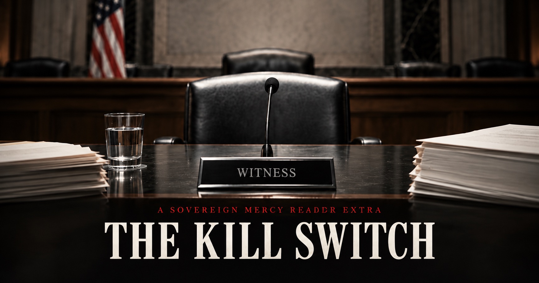 An empty congressional witness chair and microphone; The Kill Switch, a Sovereign Mercy Reader Extra.
