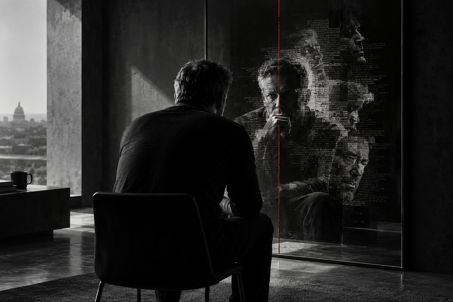 A seated man faces fractured reflections in a dark mirror, divided by a thin red line, with the Capitol visible beyond the window.